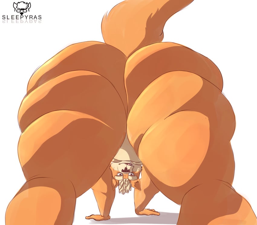 anthro ass belly bent_over big_belly big_butt blonde_hair digital_media_(artwork) fur hair looking_at_viewer looking_back low-angle_view male mammal moobs nude obese open_mouth overweight overweight_male simple_background sleepyras solo superchub thick_thighs