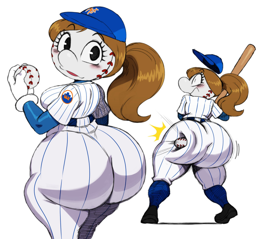 1girls 2023 baseball baseball_bat big_ass big_breasts black_eyes blush brown_hair cute female huge_ass looking_at_viewer looking_back mascot mascots mrs._met mrs.mets new_york_mets ponytail sideboob sssonic2 tagme