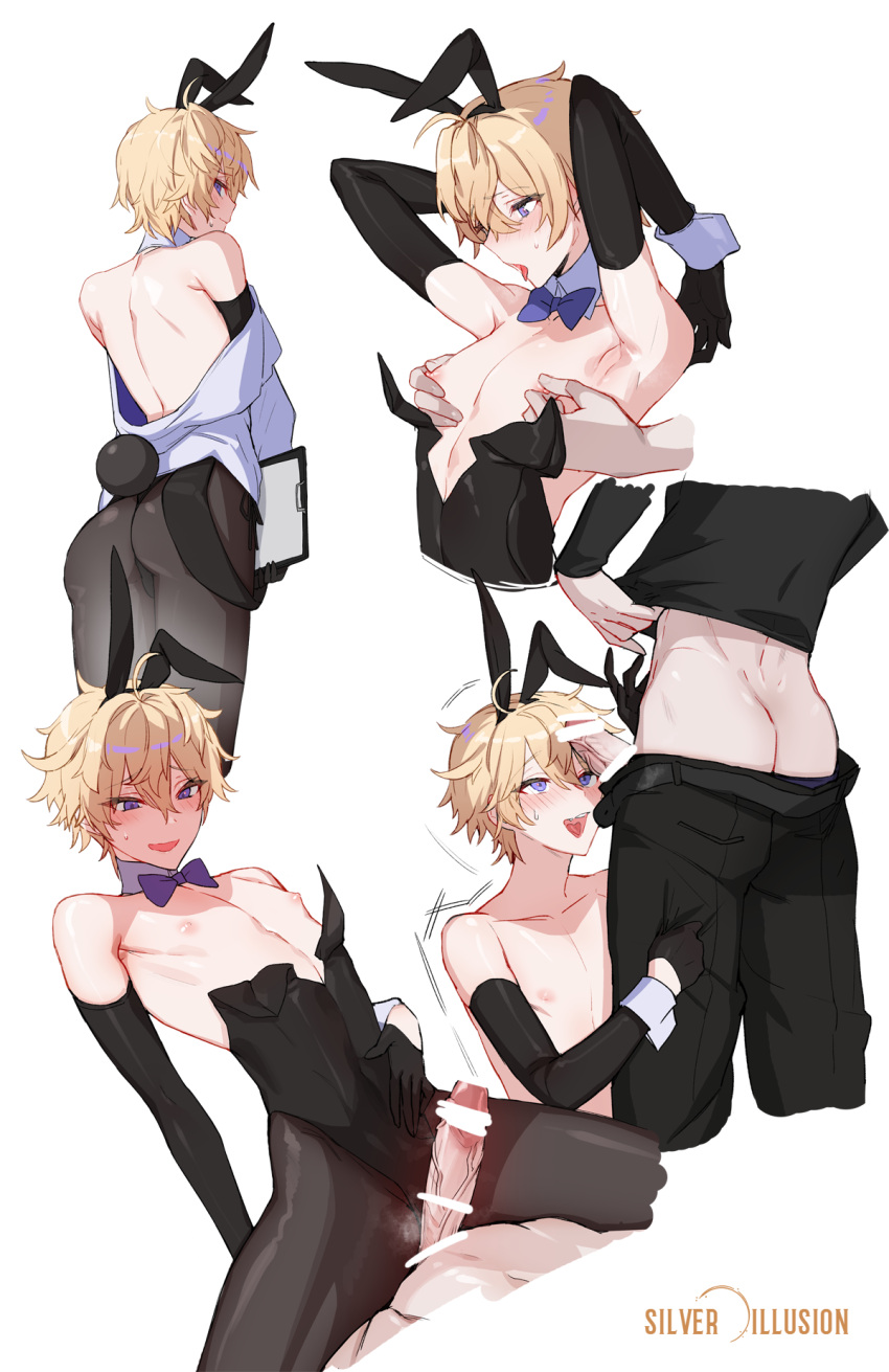 2boys ahe_gao ass bishounen blonde_hair blue_eyes crossdressing femboy highres hwansang_jungdog illusion_poison multiple_boys nipple_tweak nipples original otoko_no_ko pantyhose penis penis_awe penis_on_face playboy_bunny silver_illusion trap yaoi