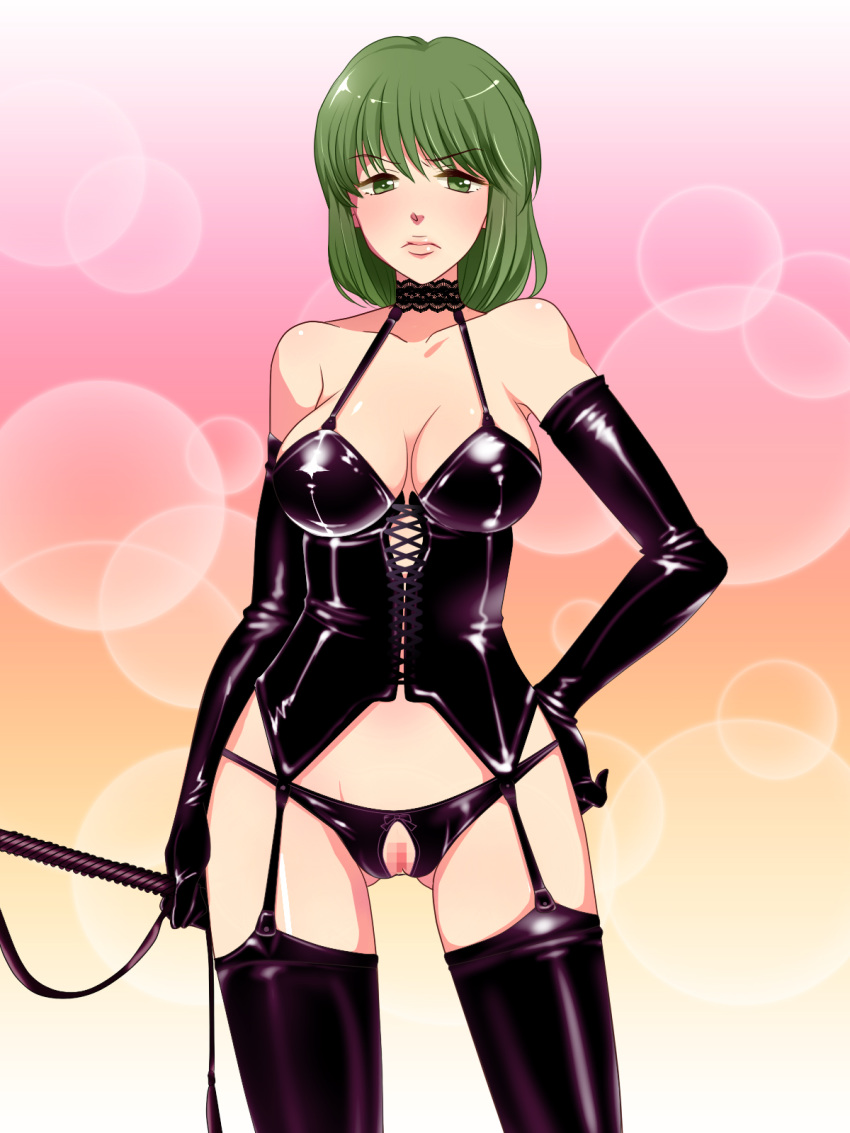 1girls blush breasts bustier censored cleavage crotchless crotchless_panties dominatrix elbow_gloves female garter_straps gloves green_eyes green_hair hand_on_hips high_resolution high_school!_kimengumi latex lingerie looking_at_viewer matching_hair_and_eyes nemunoya oda_mari panties pussy short_hair solo standing thighhighs underwear whip