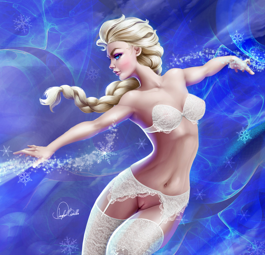 1girls blonde_hair blue_eyes disney douglas_bicalho elsa_(frozen) female_only frozen_(film) ice lingerie pussy shaved_pussy solo solo_female vagina