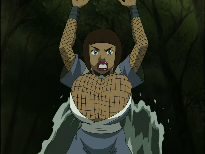 1girls avatar_the_last_airbender big_lips bimbo blue_eyes bob_cut brown_hair choker clothing dark-skinned_female dark_skin diklonius edit fishnet_bodysuit fishnet_shirt fishnets forest gigantic_breasts huge_breasts katara large_breasts poivoit screenshot screenshot_edit water waterbending