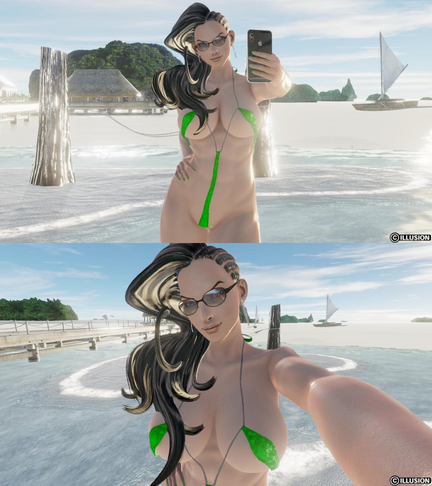 1girls 3d abs adnarimydeth athletic big_breasts bikini black_hair brazilian brazilian_female breasts brown_eyes busty cleavage clevage curvy earrings female laura_matsuda long_hair micro_bikini nail_polish navel phone selfie skimpy sling_bikini street_fighter sunglasses tinted_eyewear underboob wide_hips