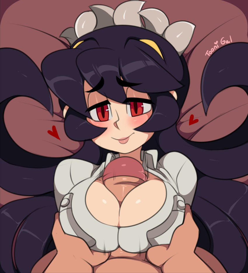 1boy 1girls black_hair blush filia_(skullgirls) naughty_face paizuri paizuri_under_clothes pleasure_face samson_(skullgirls) skullgirls toonigal