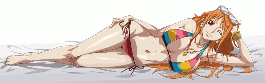 1girls abs animated ass big_ass big_breasts big_hips bikini brown_hair cleavage female female_only gif hourglass_figure huge_breasts huge_hips kyabakurabakufu looking_at_viewer naked nami nude nude_female nyuuface one_piece one_piece_film_z orange_hair poster solo source_request two_piece_swimsuit wide_hips wink