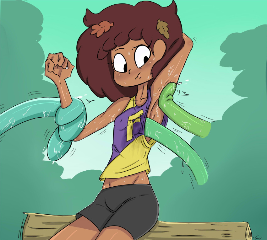 10s 1girls 2019 amphibia anne_boonchuy arm_behind_head arm_up armpit armpit_fetish armpit_licking armpits dark-skinned_female dark_skin disney disney_channel female_only holding_arm imminent_rape leaves_in_hair licking_breast restrained saliva small_breasts sportswear straight_hair tayuri teenage_girl teenager thai tongue young