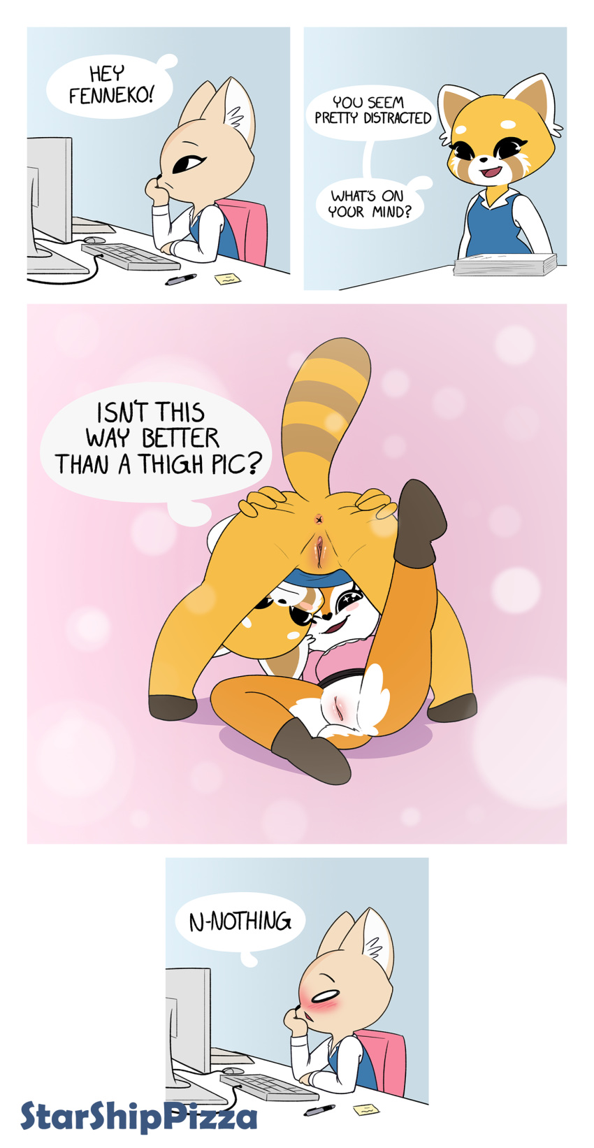 2019 absurd_res aggressive_retsuko ailurid antelope anthro anus black_nose blush bovid canid canine clothing comic dialogue digital_media_(artwork) english_text female fennec fenneko fox fur furry furry_only gazelle hi_res mammal office_lady orange_fur pussy red_panda retsuko sanrio starshippizza tail text tsunoda white_fur