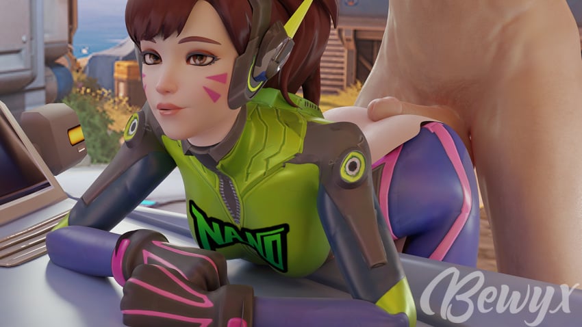 3d alternate_costume bewyx bodysuit brown_eyes brown_hair d.va face_markings from_behind_position gloves headset nano_d.va overwatch ripped_clothing tagme torn_bodysuit