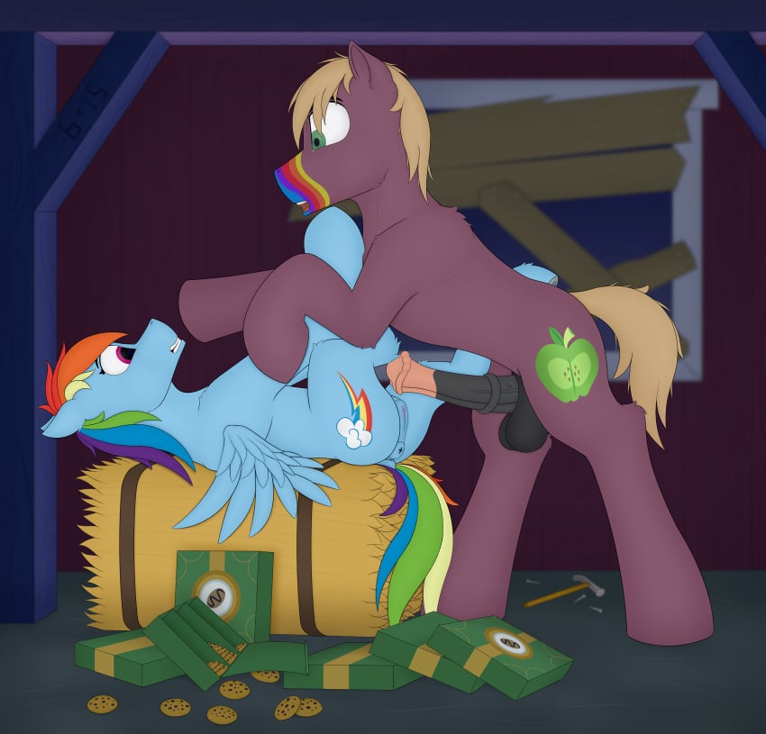 anatomically_correct animal_genitalia animal_penis balls big_macintosh_(mlp) bound cutie_mark earth_pony equid equine equine_penis erection female friendship_is_magic furry genitals hasbro hi_res horse looking_down male mammal my_little_pony open_mouth pegasus penis pony rainbow_dash_(mlp) side_view straight straight_hair themadsurgeon wings