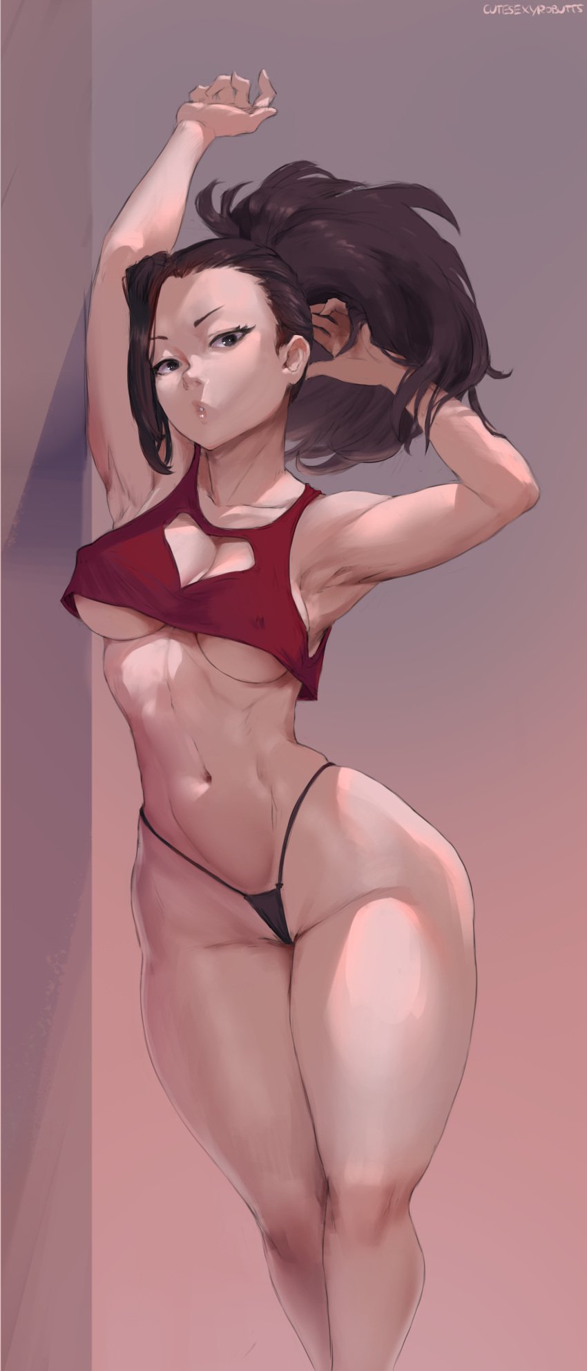 1girls abs armpits arms_up artist_name belly big_ass big_butt black_eyes black_g-string black_hair black_thong bottom_heavy breasts busty cleavage_cutout curvaceous cutesexyrobutts erect_nipples erect_nipples_under_clothes eye_contact female female_only female_solo g-string gradient gradient_background half-closed_eyes hand_in_hair high_resolution hourglass_figure huge_ass large_breasts leaning_on_wall light-skinned_female light_skin long_hair looking_at_viewer midriff momo_yaoyorozu my_hero_academia navel nipples no_bra ponytail red_shirt shirt shounen_jump simple_background sketch slender_waist solo source_request standing tease teasing teenager text thick_ass thick_thighs thighs thong tied_hair toned underboob very_high_resolution watermark wide_hips