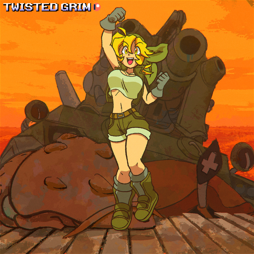 1girls 2d 2d_animation animated bouncing_breasts breasts cleavage eri_kasamoto female female_only jump_cycle jumping large_breasts metal_slug patreon snk twistedgrim wide_hips