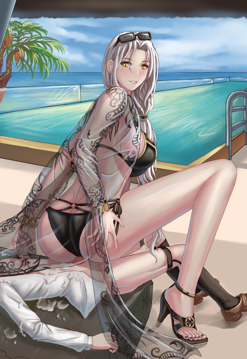 1boy 1girls ass assjob back_view beach blush buttjob carmilla_(fate) carmilla_(swimsuit_rider) cum cum_on_self dominatrix fate/grand_order fate_(series) femdom from_behind glasses_on_head grinding high_heels hot_dogging looking_back penis reverse_cowgirl_position rubbing sadistic sandals sitting_on_person smile swimming_pool swimsuit xzhz1996