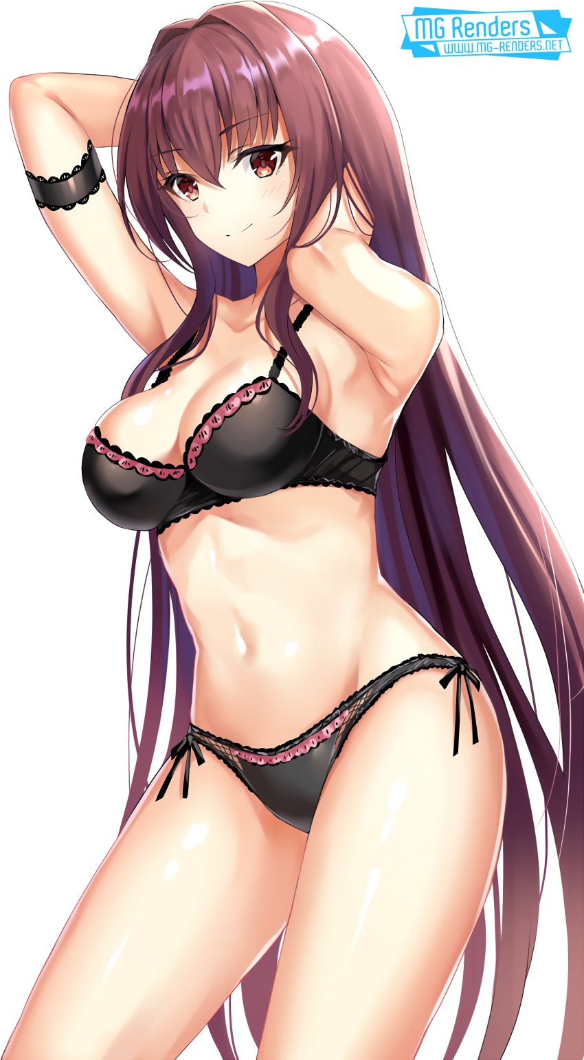 1girls breasts fate/grand_order fate_(series) female female_only lingerie looking_at_viewer mg_renders red_eyes renders scathach_(fate) smile solo transparent_background