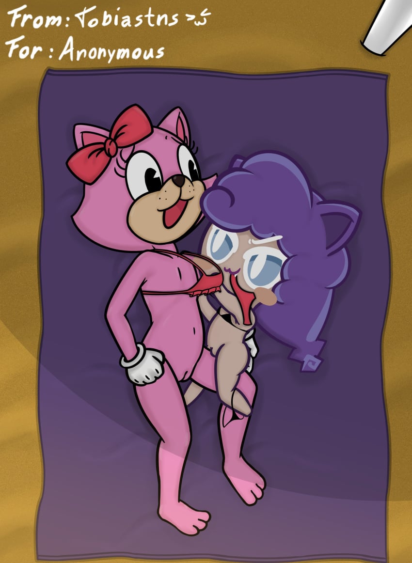 bikini blue_eyes cat_ears duo female female/female pancake_(toontown) purple_hair teasing tobiastns_(artist) toontown_corporate_clash toontown_online