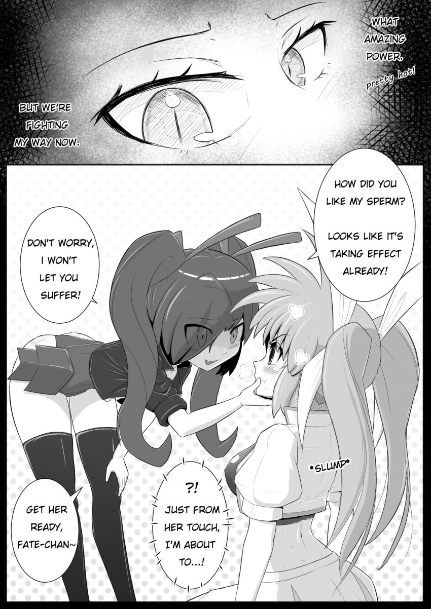 1futa 1girls bodysuit comic female futa_on_female futanari hand_on_another's_head lyrical_nanoha magical_girl magical_girl_outfit mahou_shoujo_lyrical_nanoha manga manga_page monochrome nanoha_takamachi onion_jigoku original_character self_upload wasp_girl_(onion_jigoku)