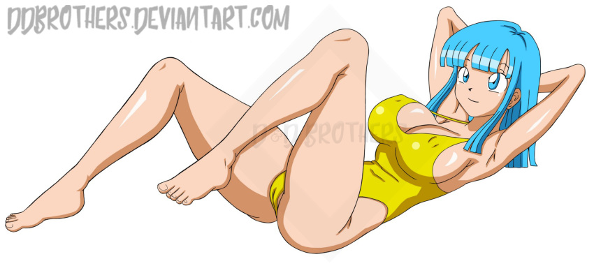 blue_eyes blue_hair cameltoe ddbrothers dragon_ball dragon_ball_z female large_breasts maron nipple_bulge solo swimsuit watermark