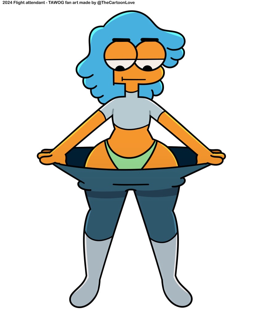 blue_hair cartoon_network clothed clothing flight_attendant_(the_amazing_world_of_gumball) orange_skin panties panties_visible_through_clothing spandex spandex_pants the_amazing_world_of_gumball the_cartoon_love thick_hips