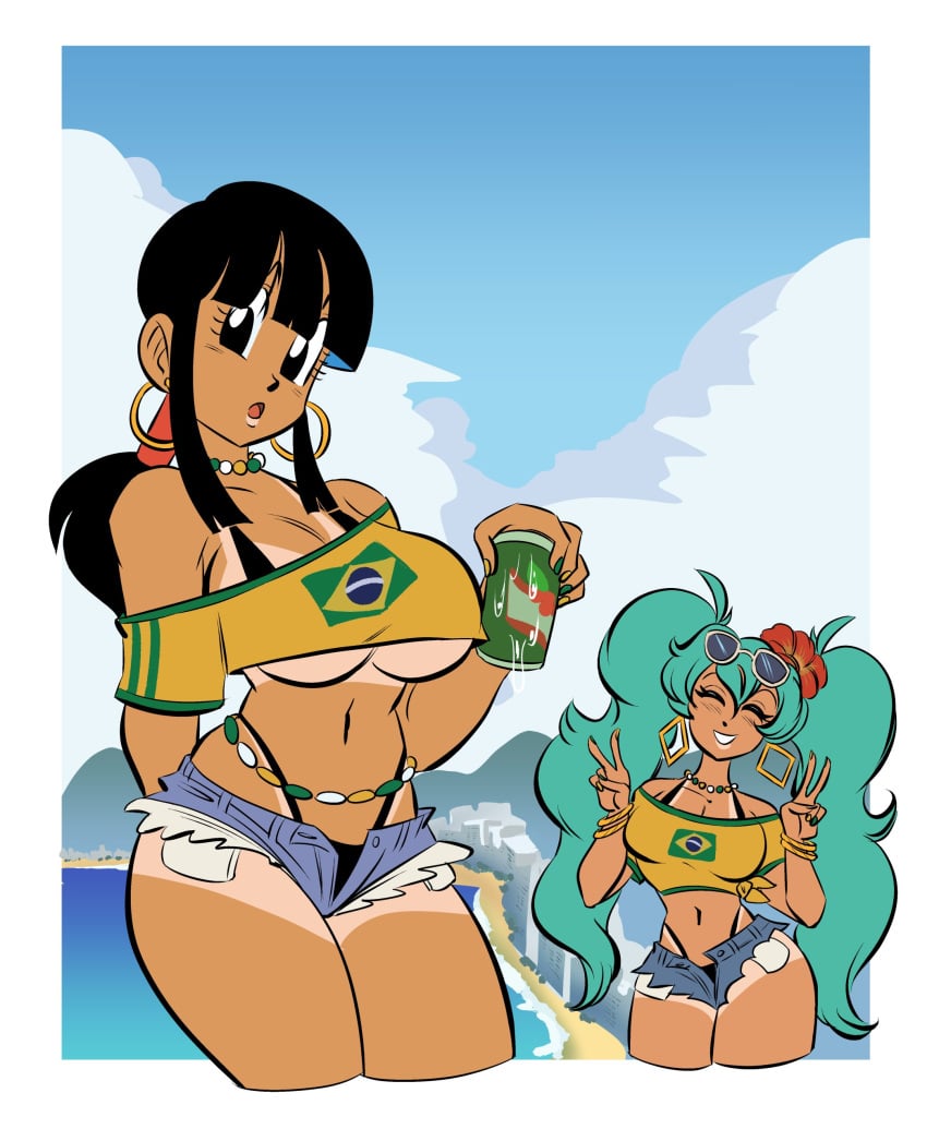 2girls big_breasts black_hair brazil brazilian brazilian_female brazilian_flag brazilian_miku busty chichi crossover cutoff_shorts dragon_ball exposed_midriff flower_in_hair funsexydragonball hatsune_miku hoop_earrings jean_shorts latin_america meme short_shorts sunglasses_on_head tan_skin tanline teal_hair vocaloid