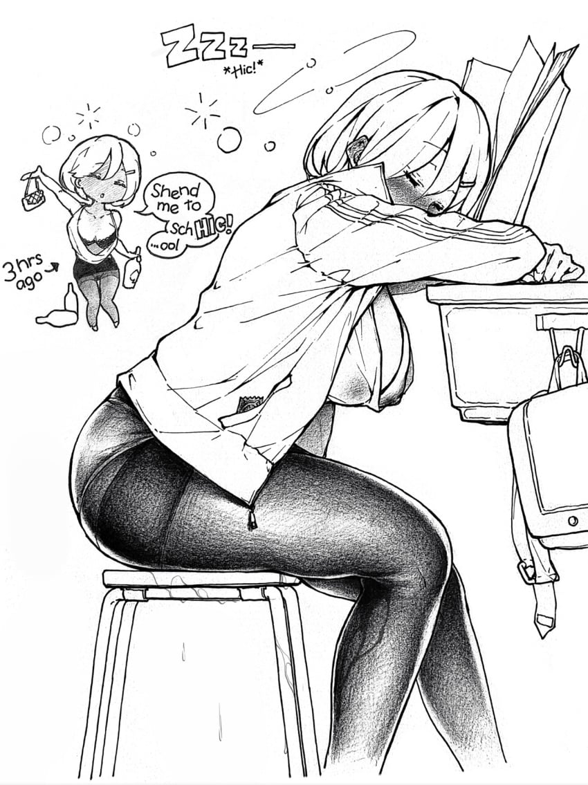 alcohol alcoholic big_breasts black_and_white black_stockings blush college college_student curvaceous curvy curvy_figure desk drunk drunk_bubble female female_focus hiccuping huge_breasts large_breasts le.c loose_clothes monochrome original original_character peeing peeing_self school_desk sleeping solo solo_female thick thick_ass thick_thighs wardrobe_malfunction wine_bottle