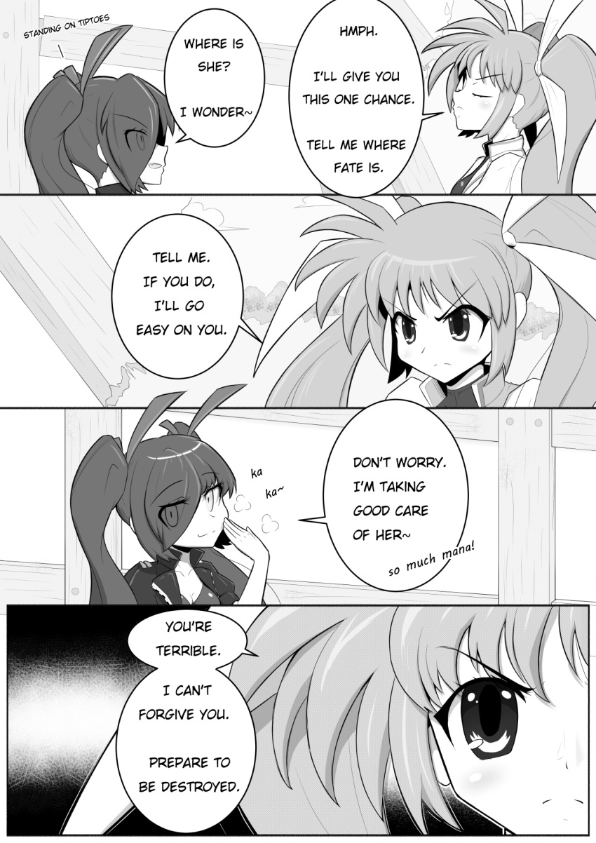 1futa 1girls bodysuit comic female futanari magical_girl magical_girl_outfit mahou_shoujo_lyrical_nanoha mahou_shoujo_lyrical_nanoha_strikers manga manga_page monochrome onion_jigoku original_character takamachi_nanoha wasp_girl_(onion_jigoku)