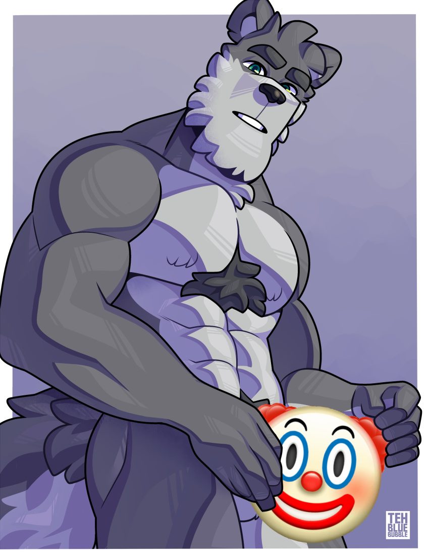 2019 5_fingers abs absurd_res anthro biceps canid canine canis clown clown_emoji covering emoji fingers hi_res looking_at_viewer male male_only mammal muscular muscular_male nude pecs solo tehbluebubble wolf