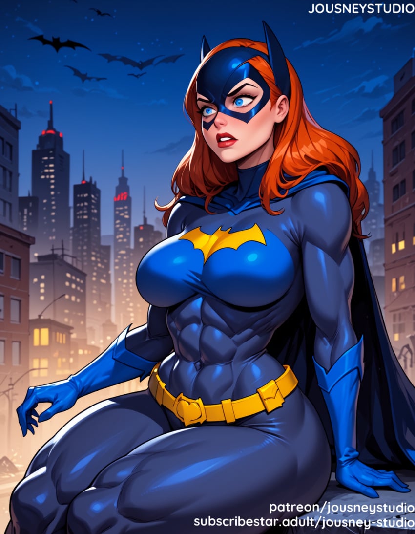 abs ai_generated arm_support bangs barbara_gordon batgirl batman batman_(series) belt blue_bodysuit blue_eyes blue_gloves blush bodysuit breasts building cape city cityscape clothing cloud covered_abs covered_navel dc_comics domino_mask english_text female female female_only gloves jousneystudio large_breasts lips lipstick long_hair looking_at_viewer makeup mask moon muscle muscular_female navel night night_sky orange_hair outdoors parted_lips red_hair red_lips sitting skin_tight sky smile solo superhero superheroine teeth thick_thighs thighs wide_hips