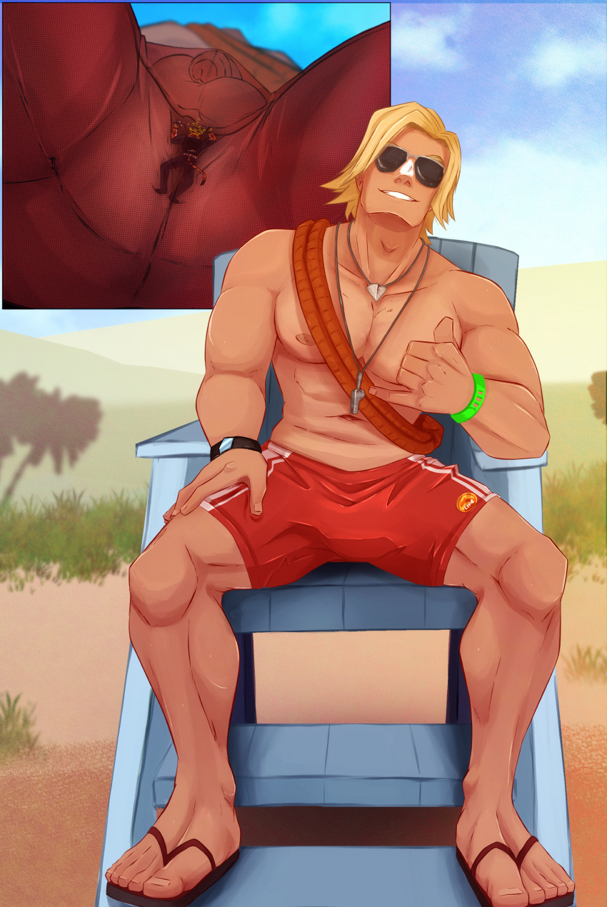 abs balls bara biceps big_balls big_penis blonde_hair clothing epic_games felid feline felis fortnite gay jonesy_(fortnite) macrophilia male male/male male_nipples male_only manly muscular_male nipples orange_fur oscar_(fortnite) pecs penis rinzlerjack size_difference stuck_in_clothes sun_tan_specialist tiger