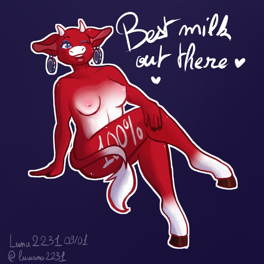 anthro anthro_cow breasts cow_horns cow_tail cute ear_piercing earrings flirting furry furry_female furry_only hooves laughing_cow luna2231 makeup markings nude nude_female open_mouth shine shiny_skin smile smiling tail the_laughing_cow