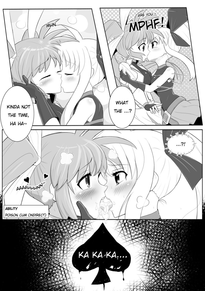 1futa 2girls bodysuit comic fate_testarossa female futa_on_female futanari kissing lyrical_nanoha magical_girl magical_girl_outfit mahou_shoujo_lyrical_nanoha manga manga_page monochrome nanoha_takamachi onion_jigoku original_character poisoned self_upload wasp_girl_(onion_jigoku)