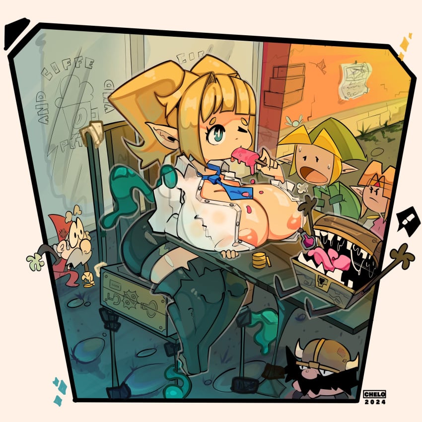 blonde_hair chelo clothing exposed_breasts huge_breasts large_breasts lilli_upton link open_shirt popsicle princess_zelda shorts shortstack sitting_on_chair the_legend_of_zelda thigh_high_boots twintails zelda_(a_link_between_worlds)