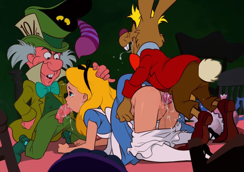 1girl 2boys alice_(wonderland) alice_in_wonderland alice_in_wonderland_(disney) alice_liddell animal_genitalia animal_penis ass blonde_hair bloomers bloomers_pull cheshire_cat disney erection fellatio female furry genital_fluids grey_hair group_sex hairband hand_on_head hat hetero highres jcm2 legs legwear long_hair mad_hatter male march_hare_(wonderland) mmf_threesome multiple_boys older_male on_table oral pants penetration penis saliva sex shoes spitroast table testicles thighhighs thighs threesome underwear unzipped_pants vaginal white_legwear younger_female