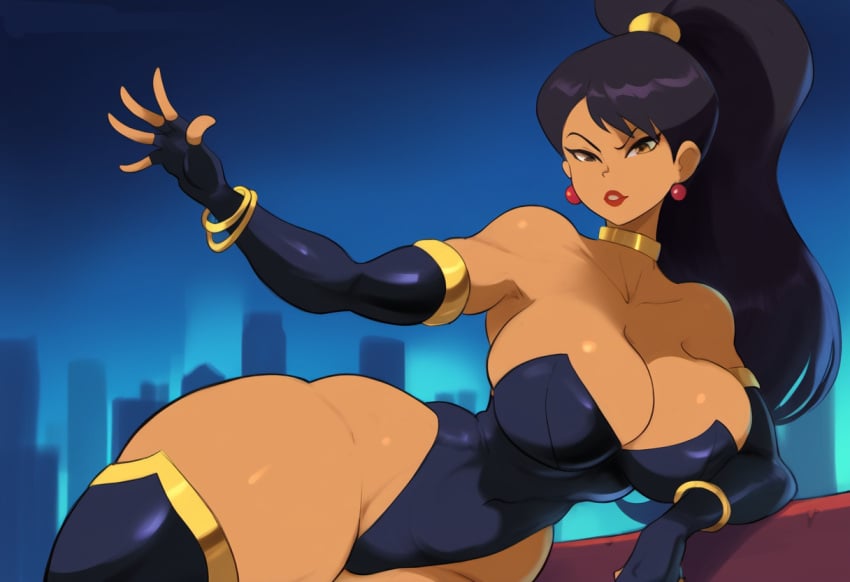 ai_generated black_hair city city_background cityscape corset dark-skinned_female dark_skin dc dc_comics evil large_breasts mullon novelai ponytail supervillain supervillainess superwoman thick_thighs thighhighs