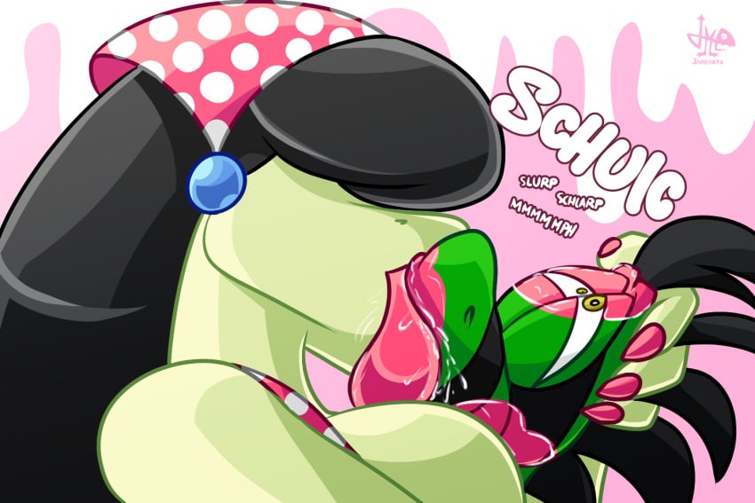 anthro anthro_on_anthro bandana bbw bbw_aunt big_lip black_hair cameron_(skunkdude13) covered_eyes green_body head_shot jamearts jeanie_(jamearts) kiss_mark kiss_mark_on_face kissing lizard_girl lizardman male/female mwah saliva smooch yellow_eyes