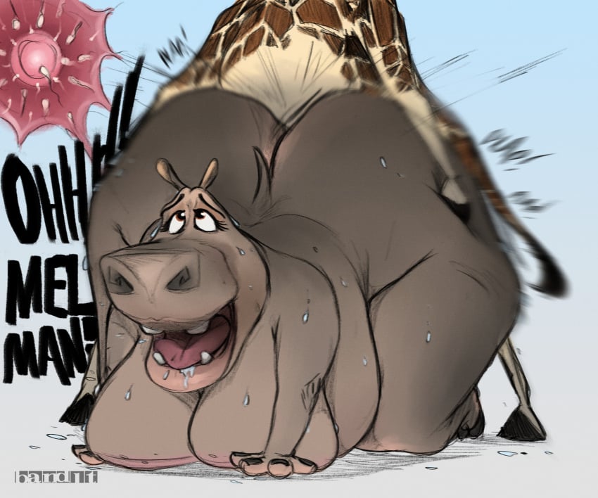 absurd_res all_fours anthro areola ass band1tnsfw big_areola big_breasts big_nipples bodily_fluids breasts butt_grab common_hippopotamus cross-eyed cum cum_in_pussy cum_inside dialogue digital_drawing_(artwork) digital_media_(artwork) dreamworks duo eyelashes female fur genital_fluids giraffe giraffid gloria_the_hippopotamus grey_body grey_fur grey_skin hand_on_butt hi_res hippopotamid huge_breasts impregnation long_eyelashes madagascar_(series) male male/female mammal melman_mankiewicz_iii montgomery_glands nipples overweight overweight_anthro overweight_female ovum saliva sex simple_background sound_effects sweat sweatdrop yellow_body yellow_fur