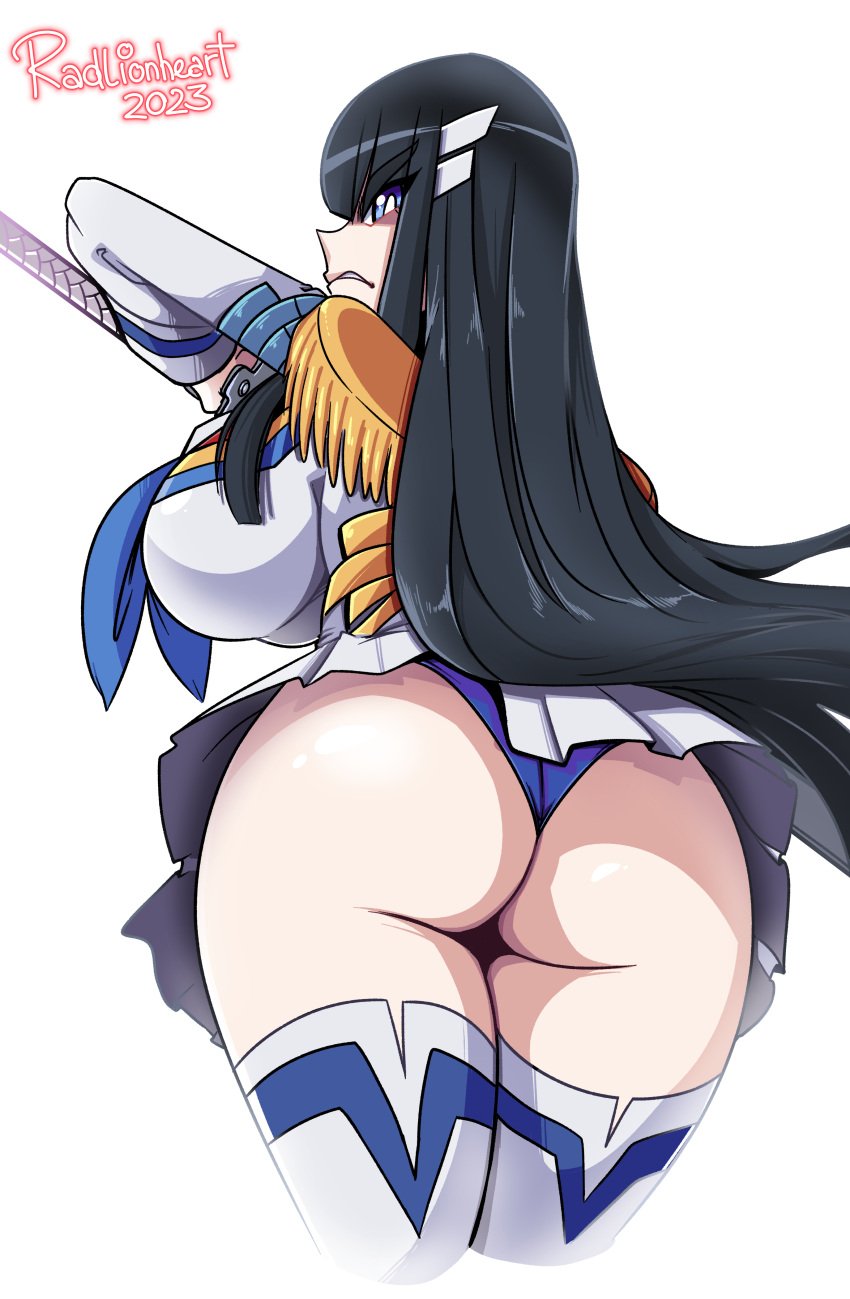 1girls 2023 2d alternate_version_available angry artist_name artist_signature ascot ass big_ass big_breasts black_hair blue_eyes breasts breasts_bigger_than_head clothed clothed_female dat_ass disgusted exposed_ass exposed_panties female heavenly_ass hips huge_ass kill_la_kill kiryuuin_satsuki long_hair looking_at_viewer looking_back looking_back_at_viewer panties radlionheart shirt sideboob skirt skirt_up solo source standing sword thick_thighs thighhighs white_background wide_hips