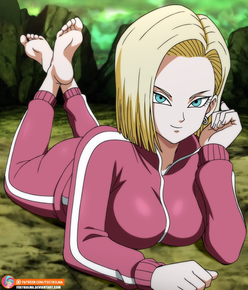 1girls android_18 artist_logo ass barefoot blonde_hair blue_eyes bodysuit breasts deviantart_url dragon_ball dragon_ball_super earring earrings feet_up female female_only foxybulma full_body large_breasts medium_hair on_stomach patreon_logo patreon_url short_hair smile solo source_request track_suit