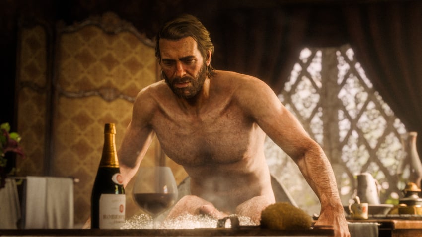 arthur_morgan bath beard dilf male male_only nude red_dead_redemption_(series) red_dead_redemption_2