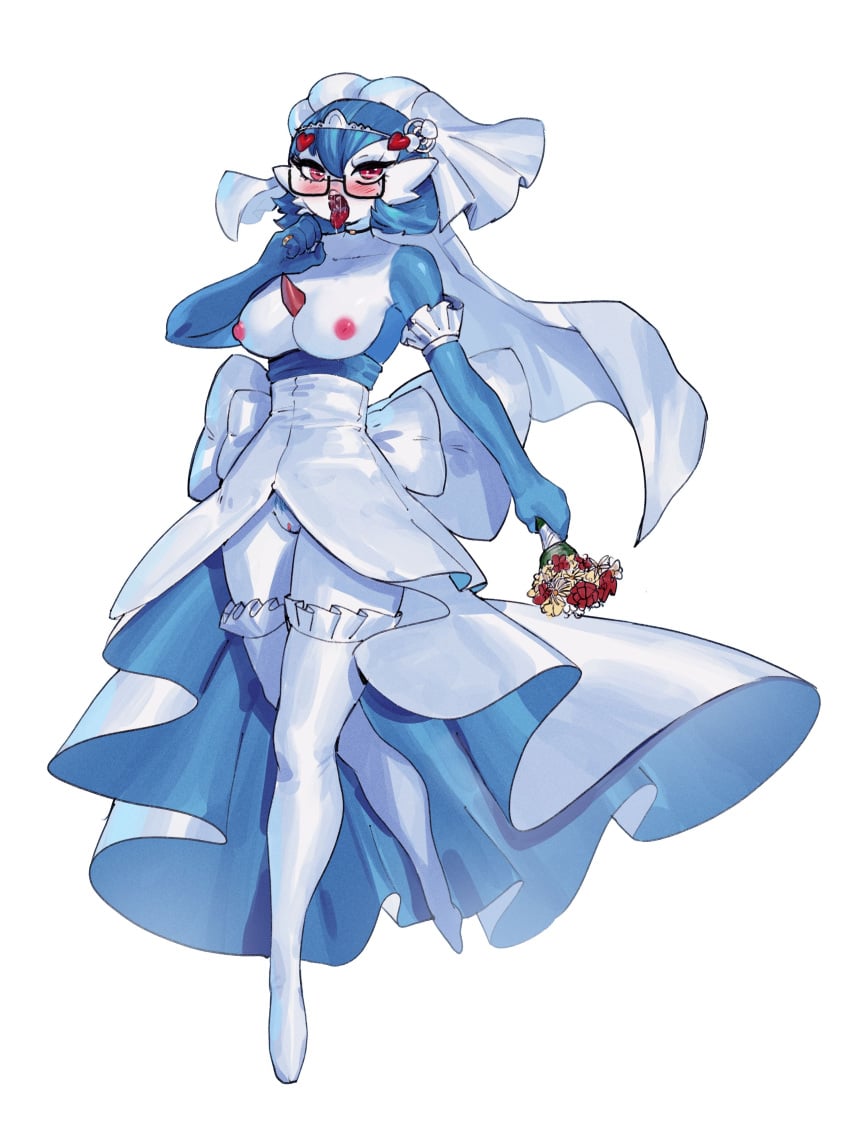 blowjob_gesture blush bouquet exposed_breasts exposed_pussy gardevoir glasses hairclip heart paz_gardenia pokemon saliva shiny_pokemon wedding_dress wedding_ring wedding_veil