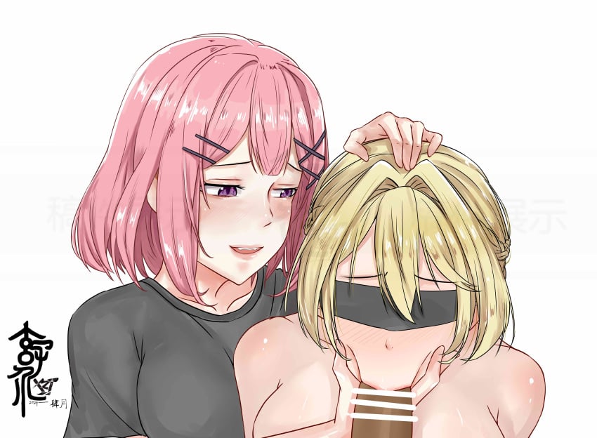 2girls :>= absurdres amaori_renako blindfold blush breasts censored cooperative_fellatio erection fellatio ffm_threesome group_sex hair_ornament hairclip hand_on_another's_chin highres kissing_penis koto_satsuki licking licking_penis long_hair multiple_girls open_mouth oral ouzuka_mai penis pink_hair pov simple_background smile straight teamwork_(sexual) threesome upper_body watashi_ga_koibito_ni_nareru_wake_naijan_murimuri x_hair_ornament xuan_zi_jie