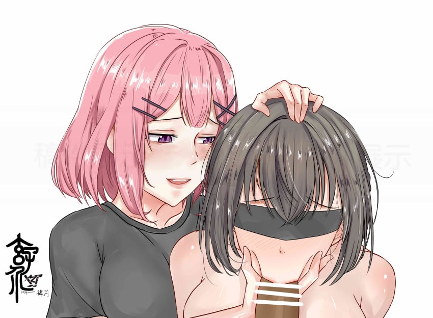 2girls :>= absurdres amaori_renako blindfold blush breasts censored cooperative_fellatio erection fellatio ffm_threesome group_sex hair_ornament hairclip hand_on_another's_chin highres kissing_penis koto_satsuki licking licking_penis long_hair multiple_girls open_mouth oral penis pink_hair pov simple_background smile straight teamwork_(sexual) threesome upper_body watashi_ga_koibito_ni_nareru_wake_naijan_murimuri x_hair_ornament xuan_zi_jie