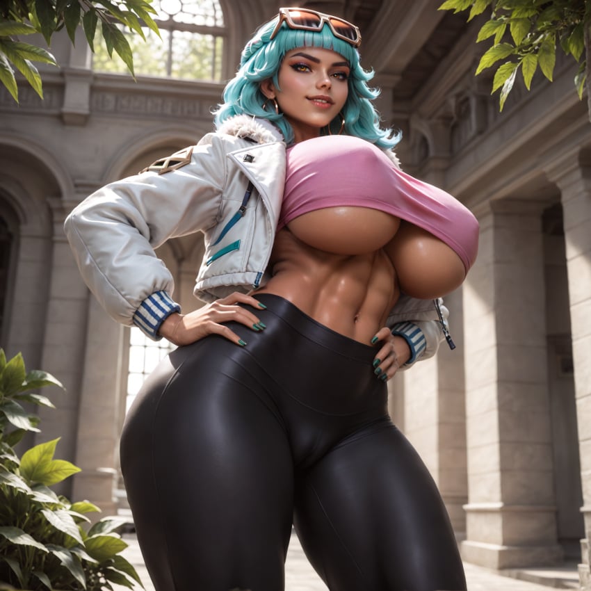 abs ai_generated huge_breasts muscular_female qiyana_yunalai solo_female thick_thighs true_damage_series underboob unincarcerable yoga_pants