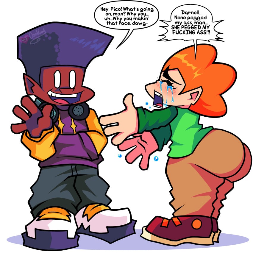 2boys ass big_ass big_butt black_hair blush blush_lines butt crying dark-skinned_male darnell_(newgrounds) fat_ass fat_butt friday_night_funkin fully_clothed funny hexdoodz huge_ass huge_butt male male_only meme mentioned_character newgrounds orange_hair pico's_school pico_(newgrounds) sfw text text_bubble thick_ass thick_butt