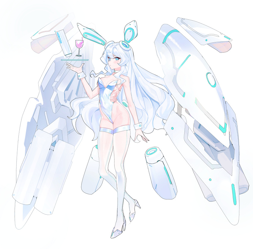 alternate_costume animal_ears blue_eyes breasts bunnysuit character_name cleavage counter:side covered_navel cup drinking_glass fake_animal_ears female groin high_heels highleg highres horizon_(counter:side) leotard long_hair looking_at_viewer playboy_bunny thighhighs tray weaselweasel white_background white_hair white_thighhighs