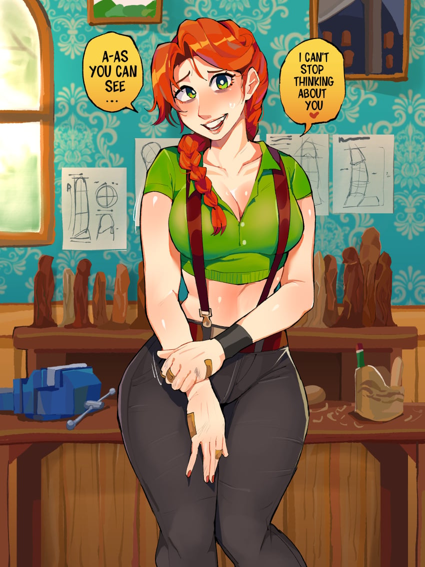 1girls big_eyes braid breasts cleavage clothed_female collarbone diforland dildo english_text green_eyes hourglass_figure huge_eyes leah_(stardew_valley) nervous nervous_smile orange_hair redhead shy stardew_valley text