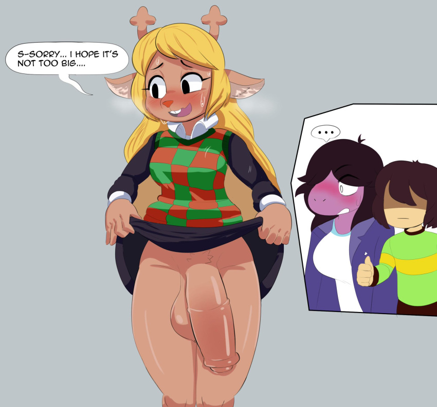 ... 1boy 1futa 1girls 5_fingers animal_ears animal_genitalia animal_penis anthro balls being_watched black_eyes blonde_hair blush bottomless_skirt bottomwear breasts brown_fur brown_hair buckteeth capreoline cervine clothed clothing clothing_lift curvy cutaway deltarune dialogue dizzytizzy dress embarrassed embarrassed_nude_futa english_text equine_penis faceless_male female flaccid furry futa_with_female futa_with_male futanari gesture grey_background hair heavy_breathing hi_res horns horsecock huge_balls huge_cock human hyper hyper_penis intersex kris_(deltarune) large_breasts long_hair long_penis looking_at_another looking_away male male_with_female mammal medial_ring no_panties noelle_holiday penis penis_awe penis_out penis_under_clothes penis_under_skirt pose pubic_hair purple_hair purple_skin reindeer scalie shirt skirt skirt_lift speech_bubble standing susie_(deltarune) sweat teeth text thick_penis thick_thighs thumbs_up video_games wide_hips