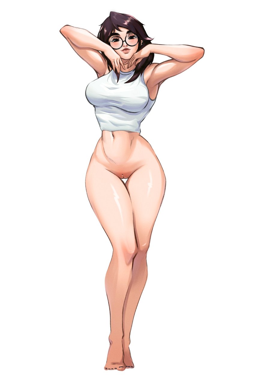 1girls absurd_res bottomless breasts brown_hair cute dark_hair female genjiruu glasses hi_res hourglass_figure human killjoy_(valorant) large_breasts light-skinned_female light_skin long_hair looking_at_viewer no_panties painted_nails pinup pose pussy simple_background slim_waist solo straight_hair thighs valorant wide_hips