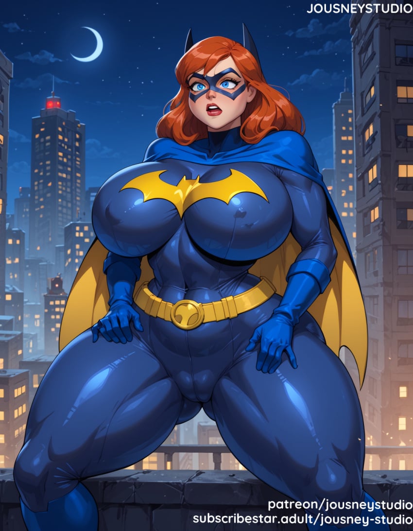 abs ai_generated bangs barbara_gordon batman batman_(series) blue_eyes blue_gloves blush bodysuit breasts building cameltoe cape city cityscape clothing cloud covered_navel crescent_moon curvaceous dc_comics domino_mask english_text erect_nipples female female female_only full_moon gloves hands_on_hips huge_breasts jousneystudio large_breasts light-skinned_female lips long_hair looking_at_viewer makeup mask moon navel night night_sky nipples open_mouth outdoors red_hair shiny_skin skin_tight sky solo standing star_(sky) superhero superheroine text thick_thighs thighs voluptuous wide_hips