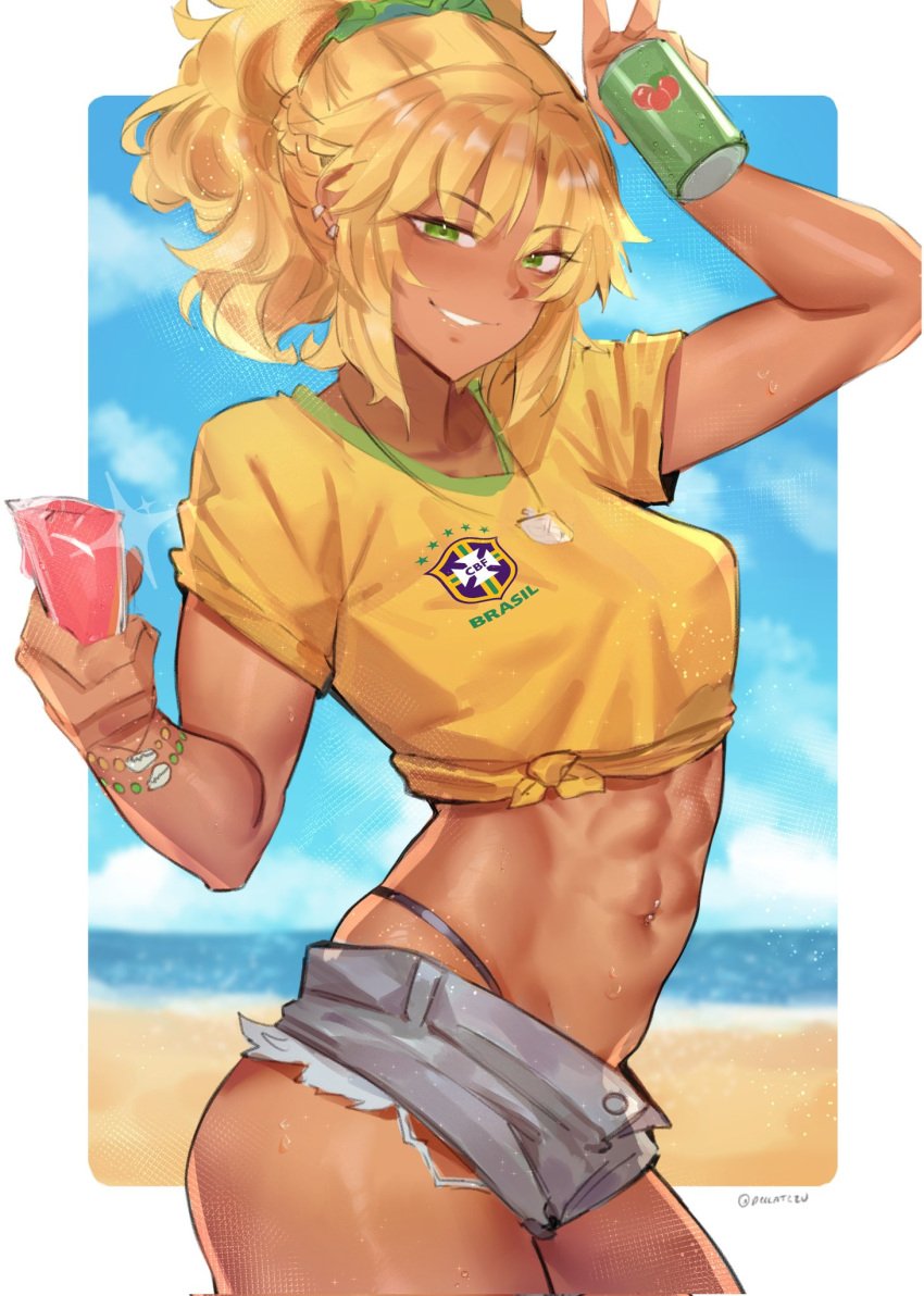 1girls abs beach blonde_hair brazil brazilian breasts dark-skinned_female deccatezu drink_can fate/apocrypha fate/grand_order fate_(series) female female_only green_eyes guarana looking_at_viewer medium_breasts mordred_(fate) muscles muscular_female navel_piercing outdoors pierced_belly_button pierced_ears piercing ponytail popsicle short_hair short_shorts shorts smile soccer_jersey solo tan_skin thong thong_straps tied_shirt tomboy whale_tail