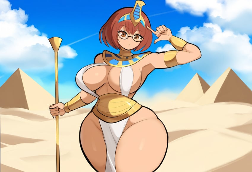 1girl 1girls 2d 2d_(artwork) ai_generated brown_hair costume curvaceous curvy_female curvy_figure desert egyptian_clothes female large_breasts mullon novelai pyramid revealing_clothes scooby-doo short_hair solo solo_female thick_thighs velma_dinkley