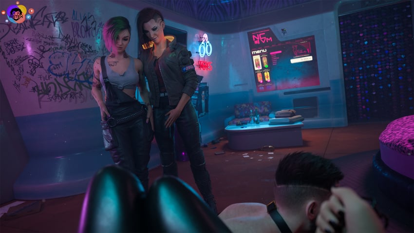 1boy 1futa 2girls 3d all_fours astex bulge bulge_through_clothing cd_projekt_red cyberpunk_2077 female femdom futadom futanari judy_alvarez leash male meredith_stout submissive_male v_(cyberpunk_2077) valerie_(cyberpunk_2077)